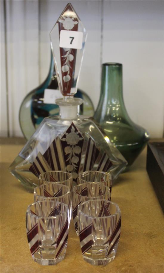 2 studio glass vases & glass liquer set